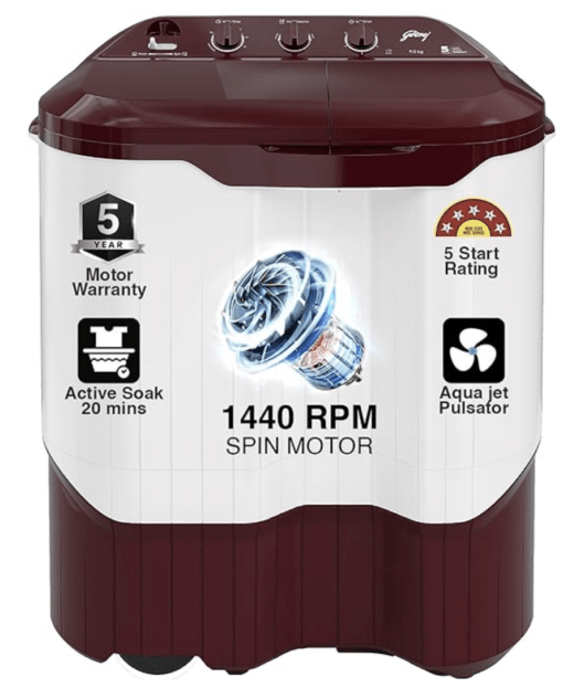 Godrej 9 Kg 5 Star Active Soak Technology Semi-Automatic Top Load Washing Machine (WS EDGEPRO 90 5.0 PPB3 WNRD, Wine Red, With Rain Shower Spin)